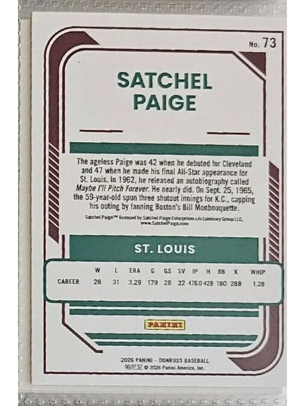 Satchel Paige [Base] (HOF OLD TIMER) #73 - 2026 Panini Donruss - St. Louis